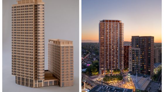 Rendering of the proposed hotel and student housing towers at Wembley Park Drive