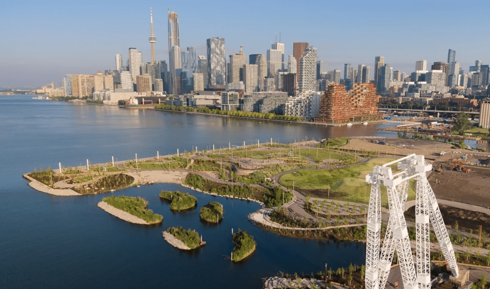 Aerial view of Biidaasige Park's waterfront expansion in Toronto