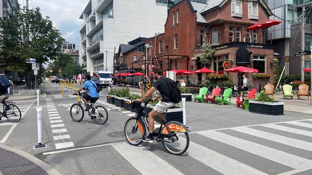 Redesigned Wellington and Portland intersection in Toronto with new bike lane
