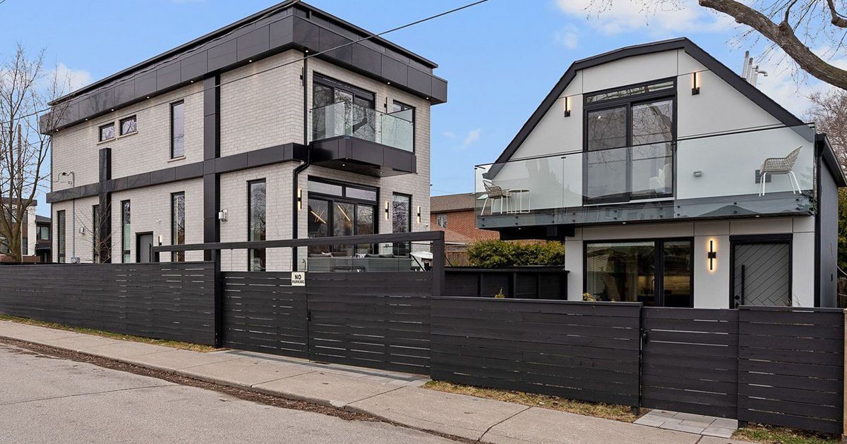 Aerial view of the main house and detached garden suite at 171 Durant Avenue, Toronto