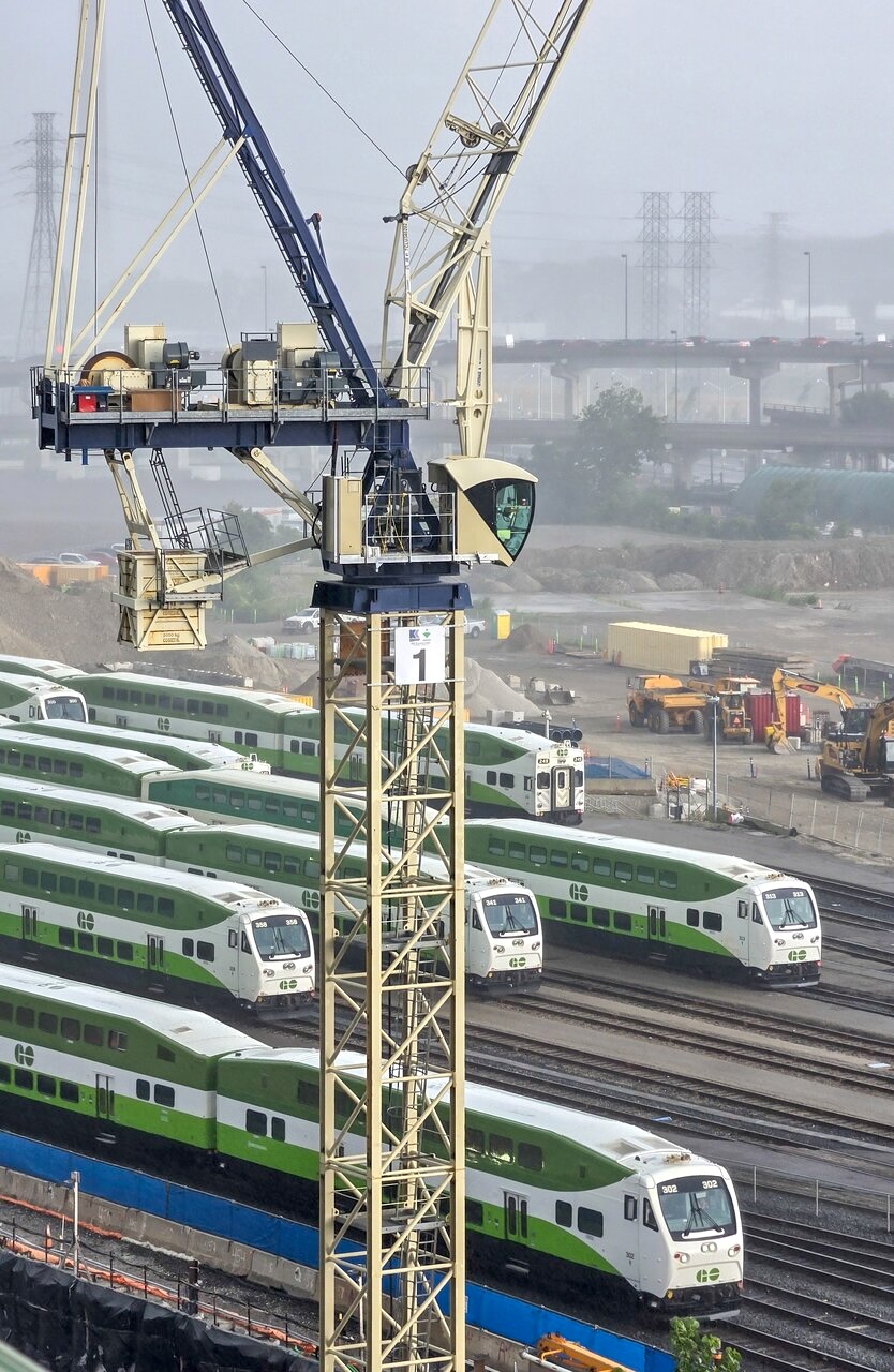 GO trains and Ontario Line construction crane near Don Yard, Toronto