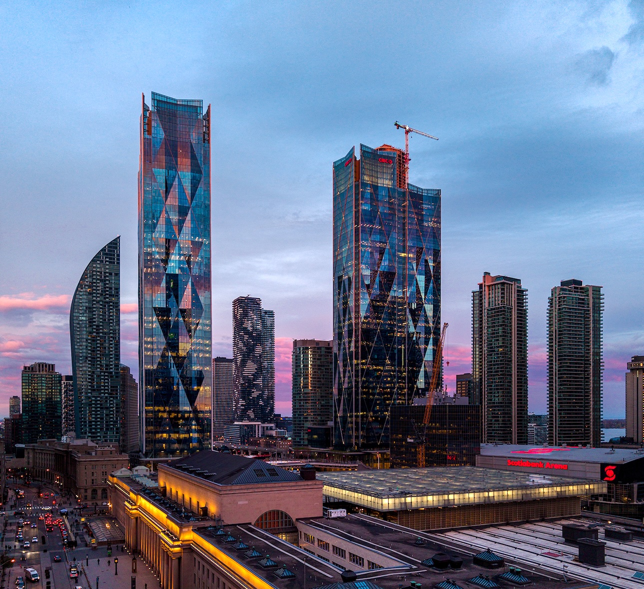 CIBC SQUARE towers reflecting the sunset in Toronto's Financial Core