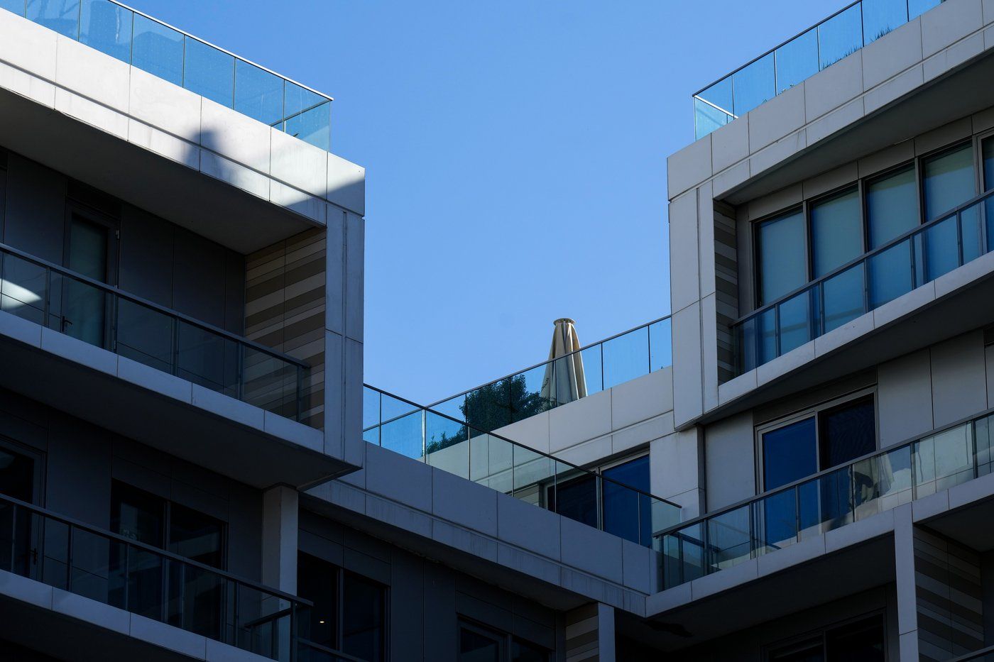 A rooftop terrace of a condo building in downtown Toronto