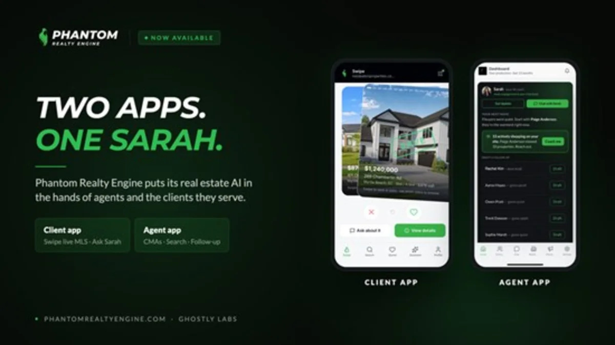 Phantom Realty Engine mobile app interface showing MLS listings and AI assistant