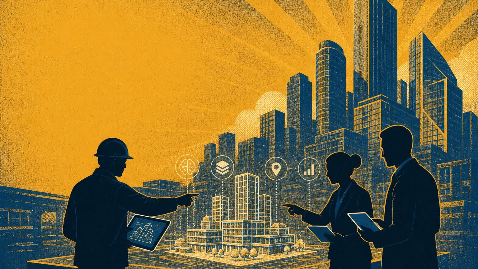 Commercial real estate professionals reviewing AI-driven analytics on screens