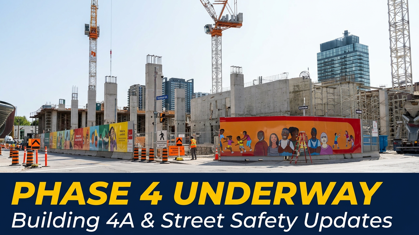 Construction site at Regent Park Phase 4 showing Building 4A rising at 325 Gerrard Street East
