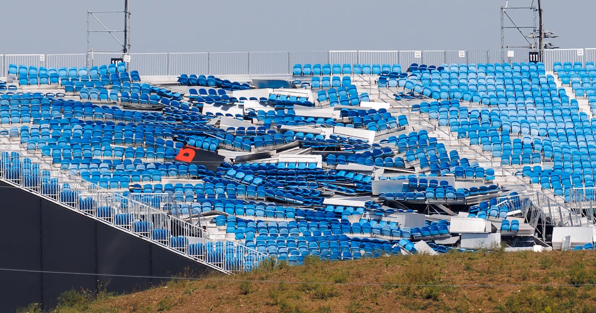 Collapsed stadium seating at Rogers Stadium after storm damage in Toronto