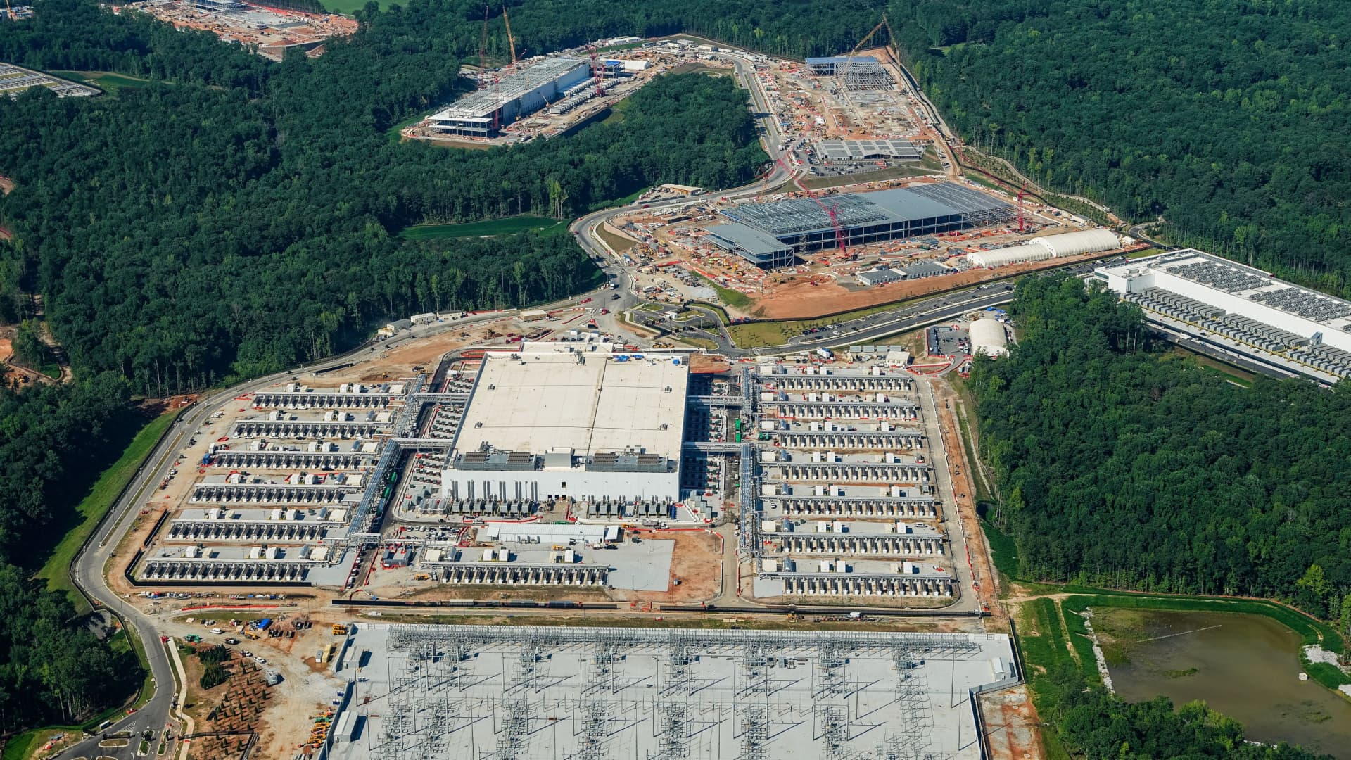 Aerial view of a large data center complex