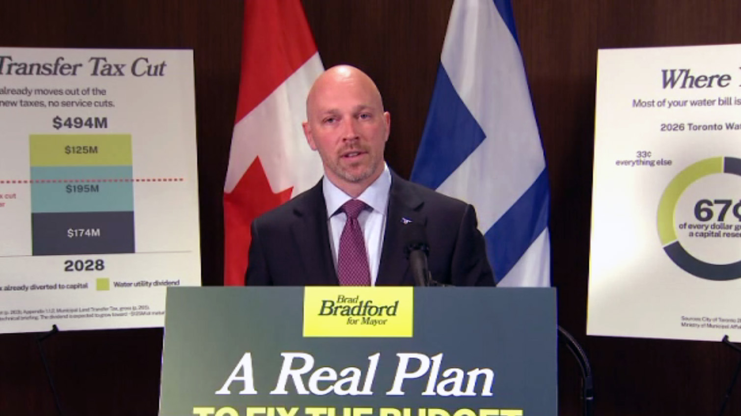 Toronto mayoral candidate Brad Bradford announcing his budget proposal